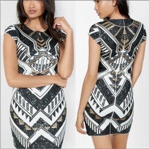 Express dress - cream cap sleeve mini dress with black/gold sequins